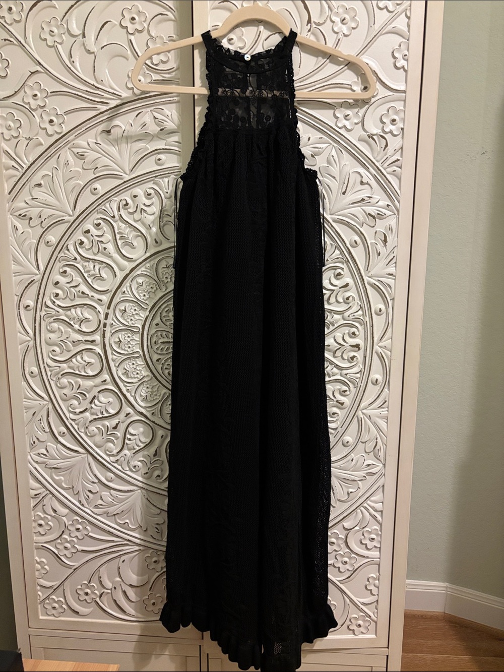 Zara Black Lace Yoke Maxi Dress - High Neck Halter